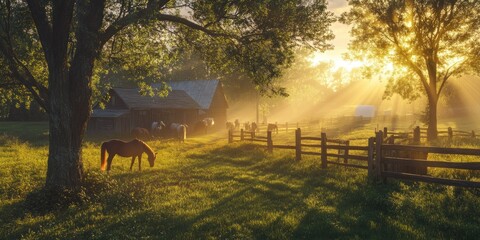 Rural scene horse grazing, barn, sunrise, and sun rays.