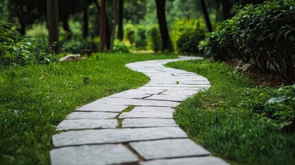 Stone pathway curving through a lush green garden, evoking tranquility and harmony with nature