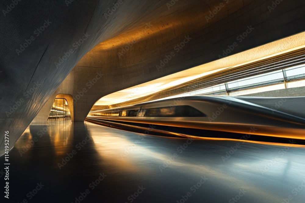 Poster train speeds through curved tunnel.