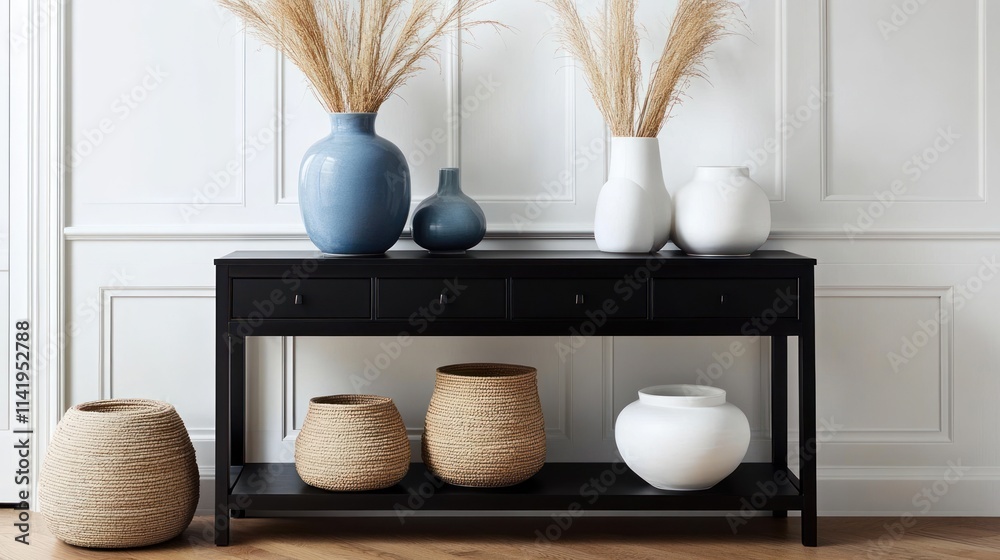 Poster vases on console table in light interior.