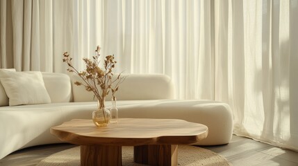 Bright room with sofa, table and dried flower vase.