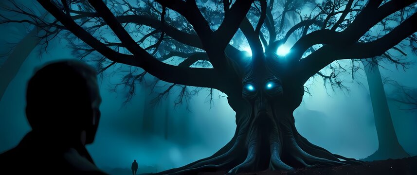 Humanoid alien observing a massive alien tree with bioluminescent branches its dark eyes wide with fascination