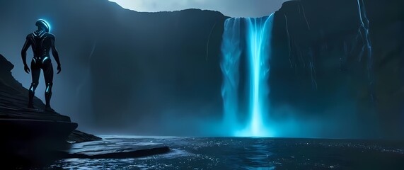 Humanoid alien standing atop a futuristic dam overlooking a massive waterfall of glowing liquid cascading into a glowing abyss