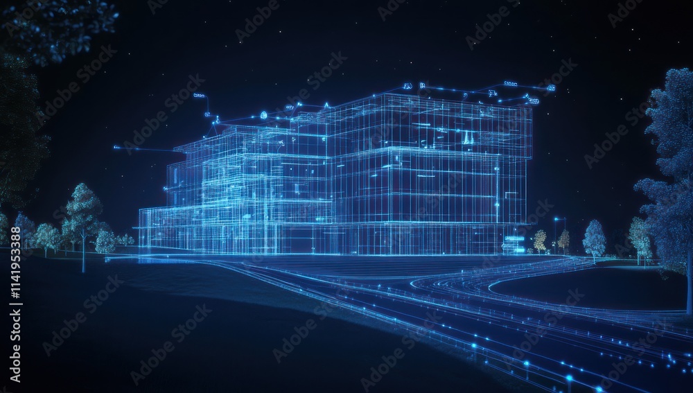 Aufkleber Blue glowing wireframe building with bright nodes and lines at night.