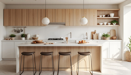 Fototapeta premium Inviting modern kitchen with warm wood accents and sleek design for a cozy culinary experience