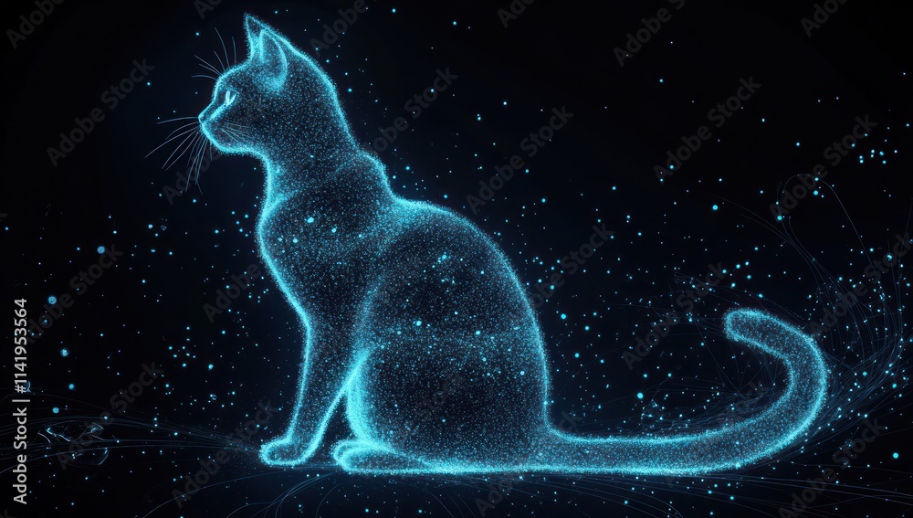 Poster glowing cat outline with digital particles on dark background.