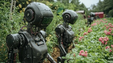 Fototapeta premium Robots in a Flower Field: A Futuristic Scene