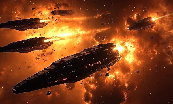 dreadnaughts ships, firing missiles, there are flying ships in combat shooting other ships, exploding ships in the background, a chaotic scene, a lot happening as if there is too much to process