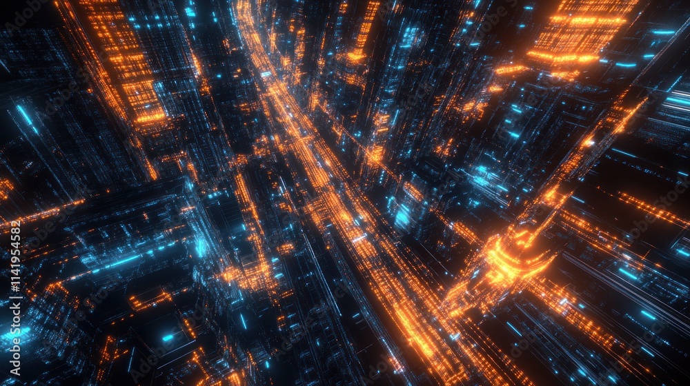 Poster abstract digital grid with orange and blue glowing lines.
