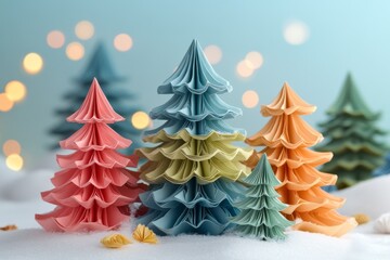 Colorful, decorative paper trees in pastel hues, set against a soft background with bokeh lights, creating a whimsical holiday atmosphere.