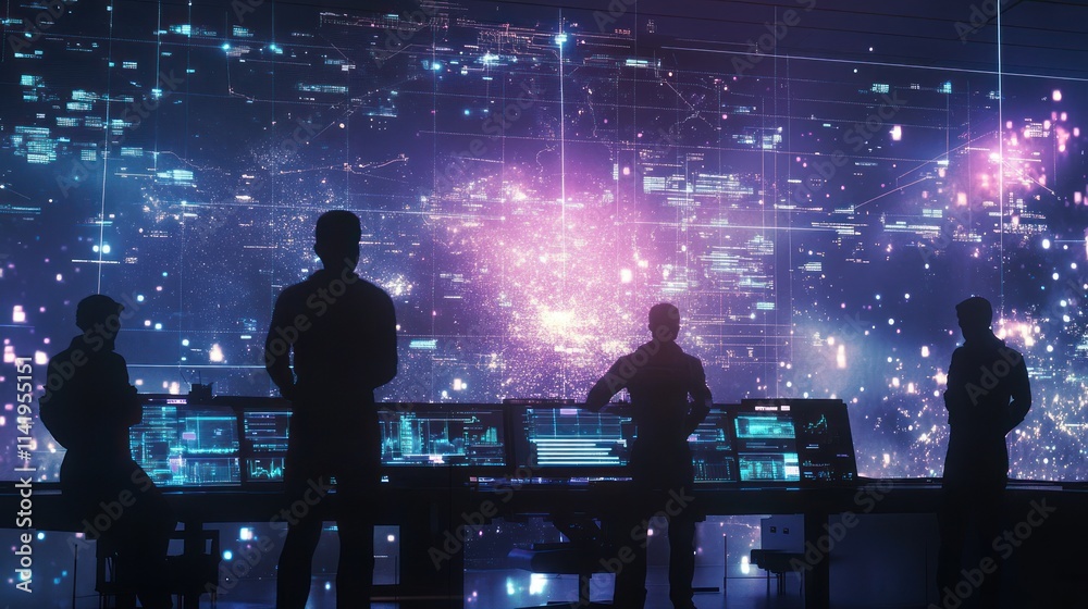 Poster Four silhouettes observe digital network on large screen.