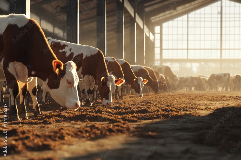 Poster cows eating in a large barn.