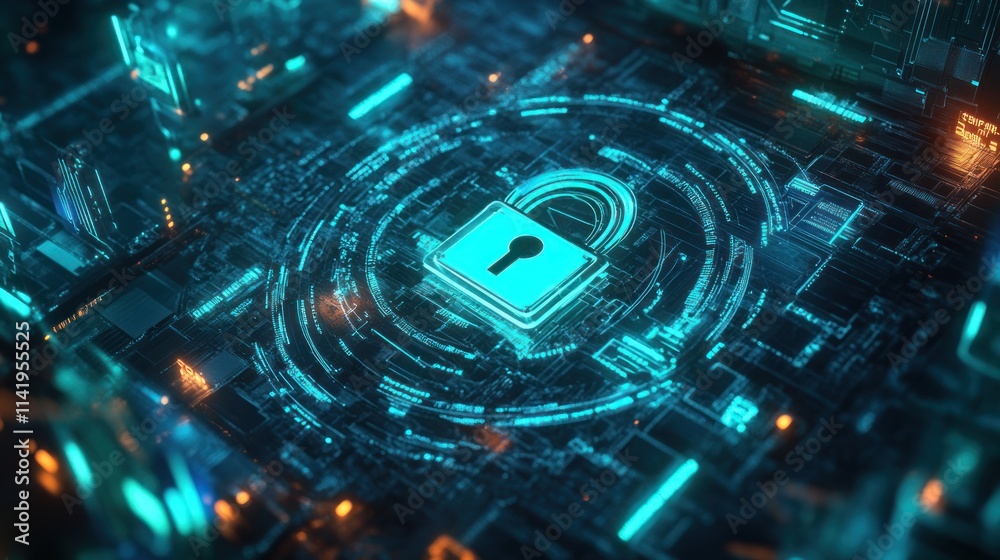 Poster glowing cyan padlock on digital circuit board with orange highlights.