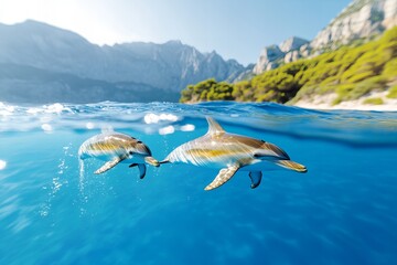 Fototapeta premium Two dolphins swimming in clear blue water near rocky coastline