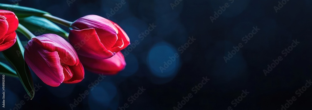 Poster close-up of red tulips on dark bokeh background.
