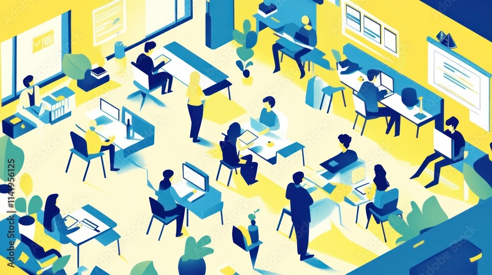 Poster colorful isometric office scene with various people working on computers.