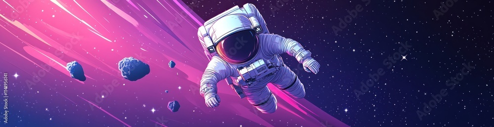 Fototapete astronaut floating in deep space with asteroids and light streaks.
