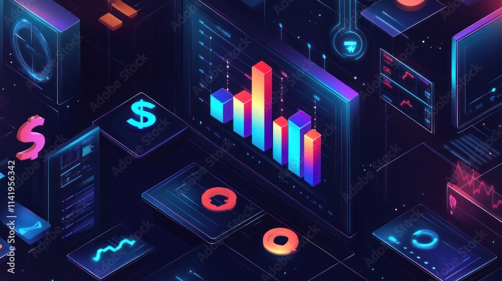 Aufkleber Digital charts and icons with 3D look on a dark screen.