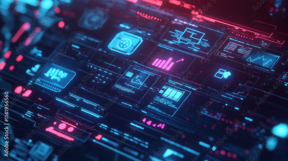 Poster Digital interface, glowing graphs and icons on dark background.