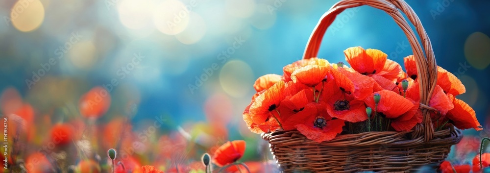 Poster wicker basket full of red poppies, bokeh background.