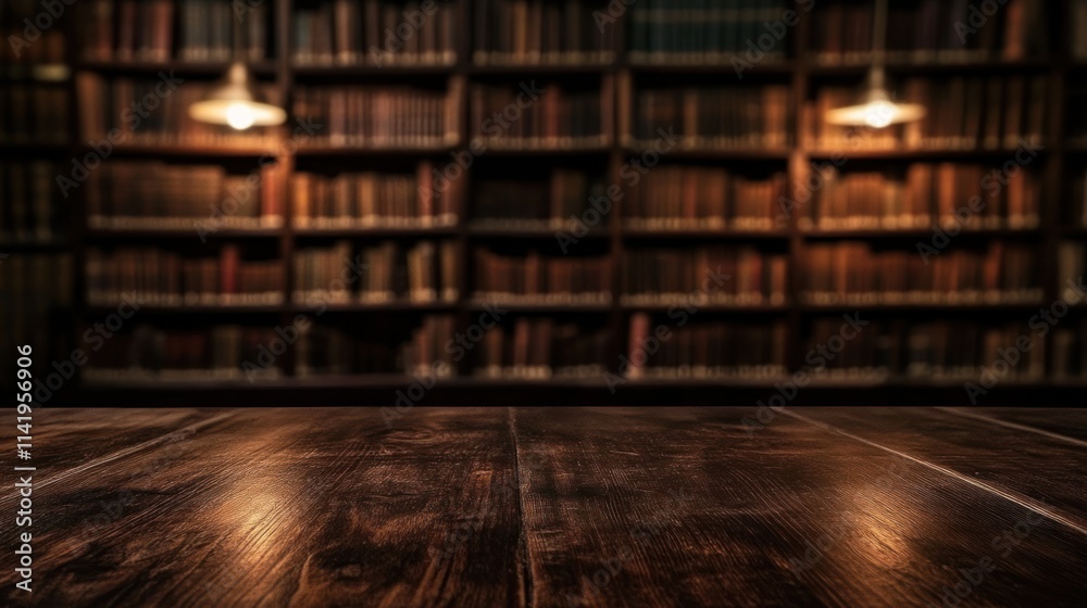 Poster blurred library with wooden surface and lights.