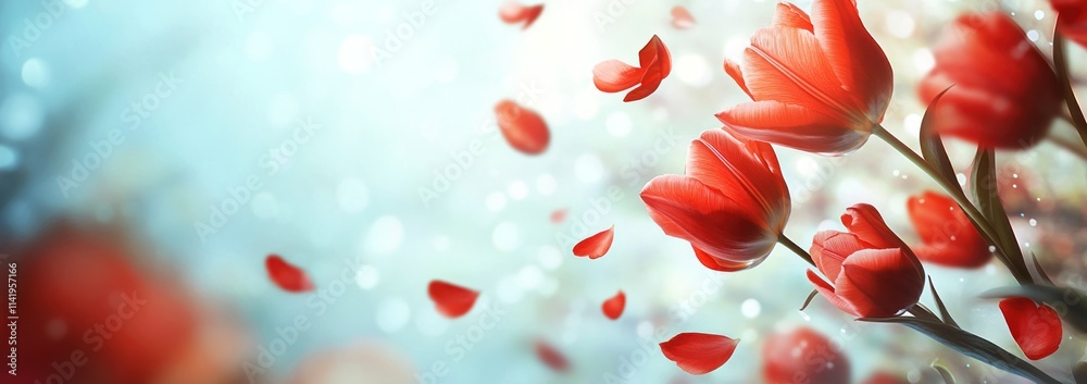 Poster red tulips with bokeh petals falling, soft background.