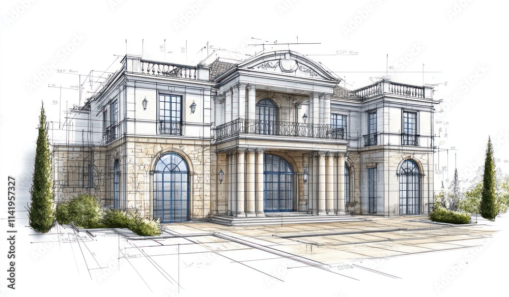 Poster Architectural sketch of a classic mansion with columns.