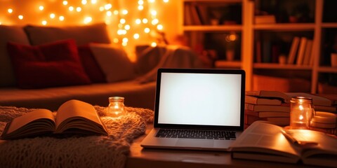Cozy home with laptop, books, and lights.