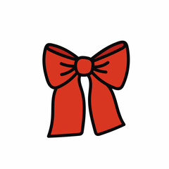 Coquette red bow of ribbon. Beautiful holiday decorative element, festive gift decor. Vector clipart isolated on white background