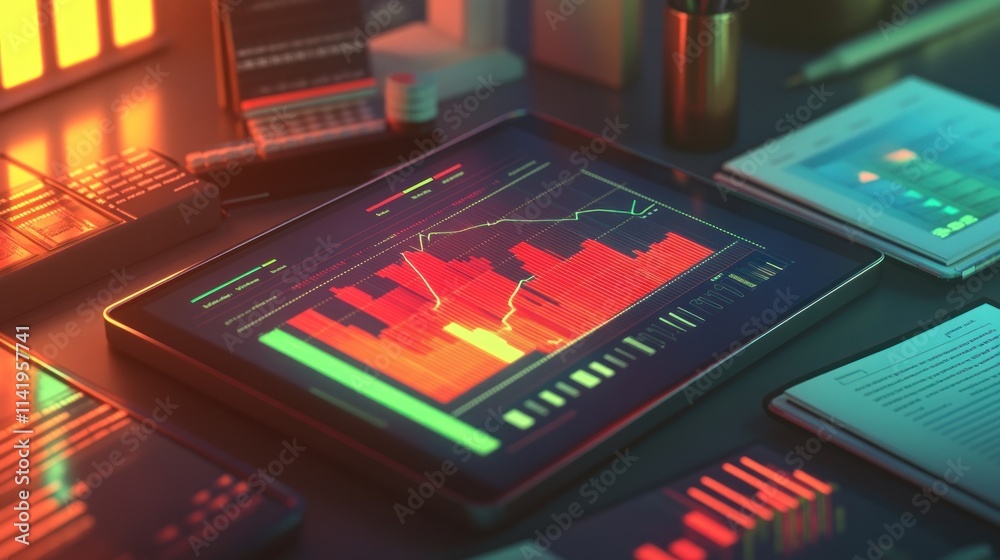 Poster Multiple tablets showing financial data with red and green charts.