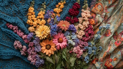 Dried Flower Bouquet on Colorful Knitted Textiles