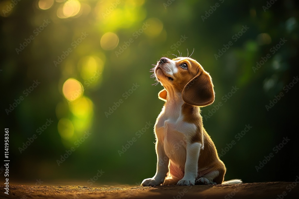 Poster beagle puppy looking up in soft golden light.