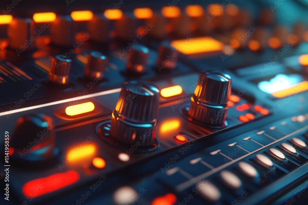 Poster Close-up of audio mixing console with glowing buttons and knobs.