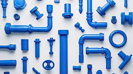 Assortment of blue PVC plumbing pipes and fittings, scattered symmetrically on a white surface