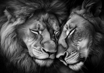 Touching black and white close-up of two majestic lions with eyes closed and heads gently pressed together symbolizing love, trust, and powerful wildlife connection © LouLou