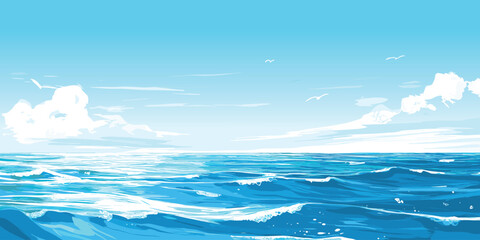 Summer calmness seascape. Blue sea or ocean, blue clear sky. Small waves, ripples on the water. Vector illustration.