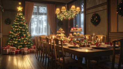 Christmas dinner celebration cozy home festive table setting warm indoor environment holiday cheer
