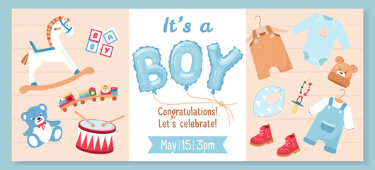 Horizontal banner design with toys, teddy bear, clothes. Gender reveal party banner element 'BOY' blue helium balloons. Ideal for baby shower invitations, cards and party decor Festive vector design