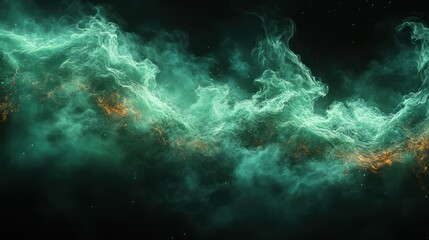 Obraz premium Abstract teal and orange nebula swirls in dark space.