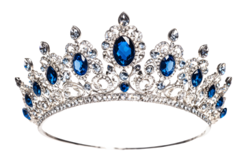 Beauty pageant winner, bride accessory in wedding and royal crown for a queen concept with a silver tiara covered diamonds and blue sapphire stones isolated on white with clipping path cutout
