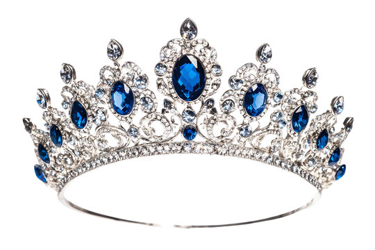 Beauty pageant winner, bride accessory in wedding and royal crown for a queen concept with a silver tiara covered diamonds and blue sapphire stones isolated on white with clipping path cutout