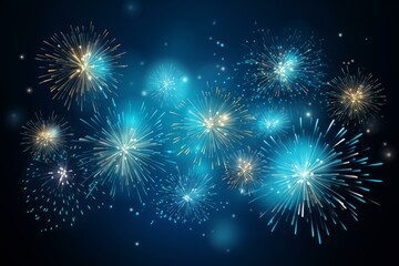 Naklejka premium Bright and colorful fireworks exploding against a dark blue night sky, creating a festive and celebratory atmosphere
