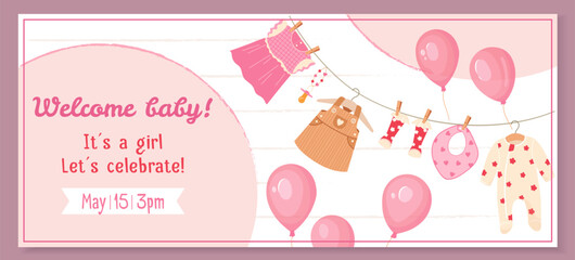 Horizontal banner design with tender baby girl clothes. Gender reveal party banner with pink balloons and infant accessories. Ideal for baby shower invitations, cards and party decor Festive vector