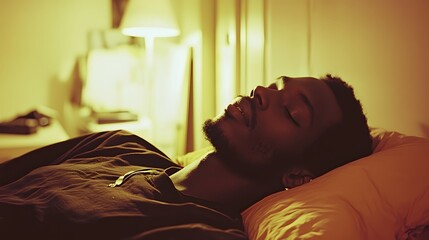 Relaxed Black male sleeping peacefully in warm evening light.