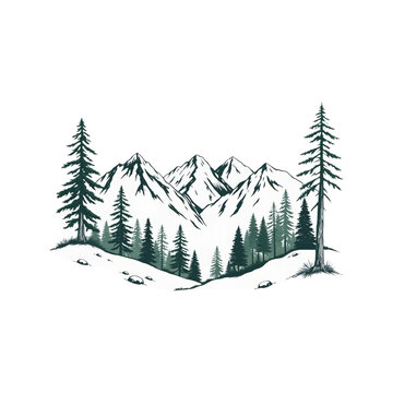 Hand Drawn Mountain Design Illustration and Pine Trees, Transparent Background