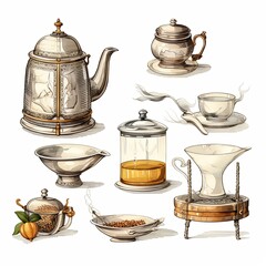 A collection of vintage and modern tea and coffee pots featuring tea and coffee against a white background. Ideal for tourism, mockups, or various creative projects.