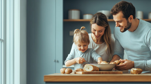 Cooking, family and bakery food in kitchen with child learning, helping and happy with smile. Family home, mother and dad teaching young kid baking flour recipe for cake, cookies or pancakes.
