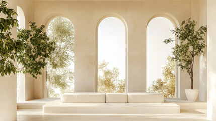 Fototapeta premium living area is adorned in soft beige tones, complemented by stylish furniture and accents that emphasize comfort and sophistication. Green plants are thoughtfully placed, bringing a touch of nature in