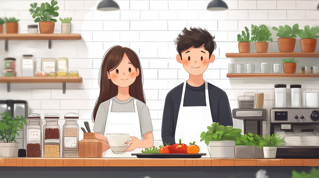 Cooking together vector concept with young family in the kitchen. Husband and wife gladly baking pastry