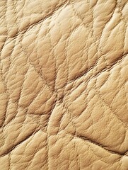 A close-up of textured beige leather, showcasing a quilted pattern with visible creases and a soft, luxurious appearance.